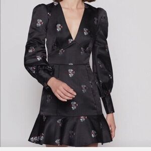 NWT JOIE MiniA Black Floral V Neck Long Puff Sleeve Mini Dress Size 0